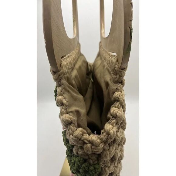 1970s Inspired Handmade Macrame Crochet Handbag With Floral Wooden Handle - Picture 9 of 10